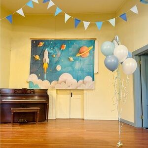 Party supply space theme 1st bday backdrop, cake decor, star wands, balloons etc